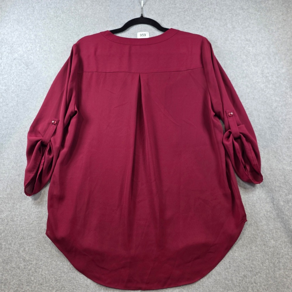 Chaus New York Womens Burgundy Split V-Neck Roll Tab Sleeve Blouse Size M - Picture 6 of 7